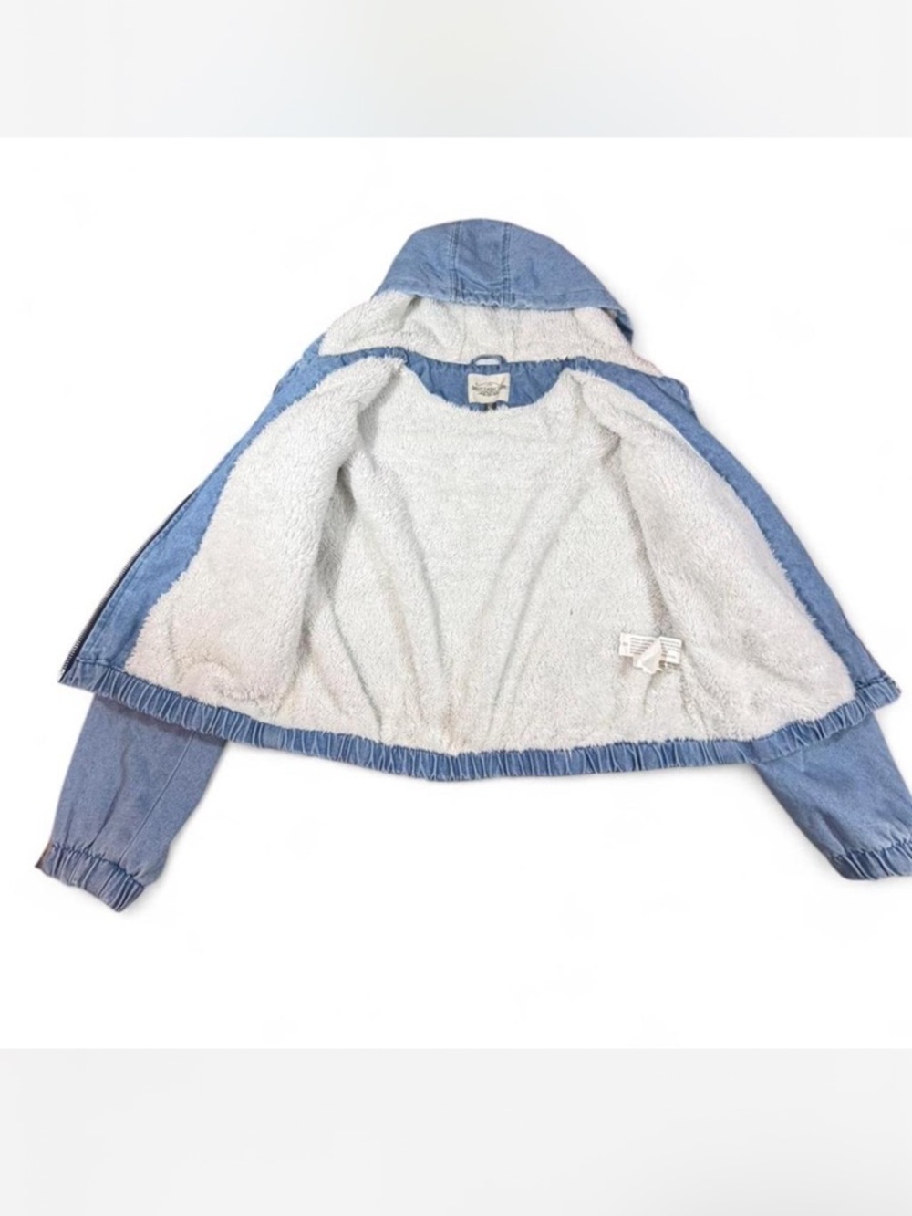 Cropped Denim Sherpa Lined Jacket XL Hooded Y2K Grunge Cozy Blue Jean Jacket - Picture 5 of 5